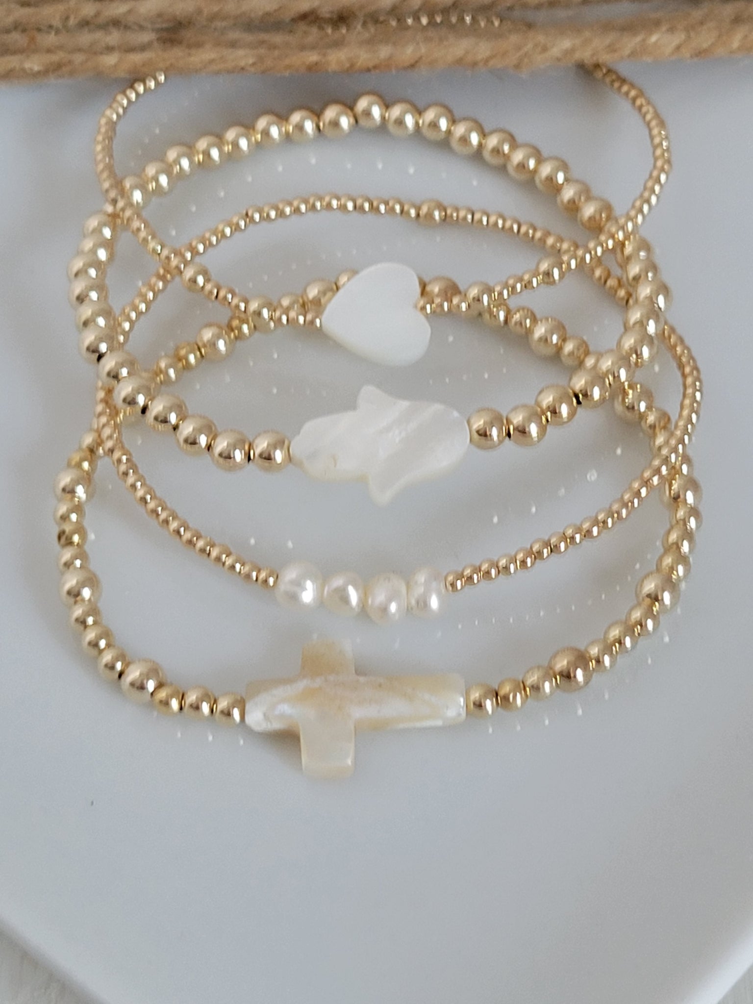 Gold Beaded and Pearl Charm Layering Bracelet - 2mm, 3mm, 4mm, 5mm