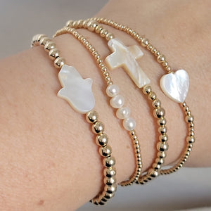 Gold Beaded and Pearl Charm Layering Bracelet - 2mm, 3mm, 4mm, 5mm