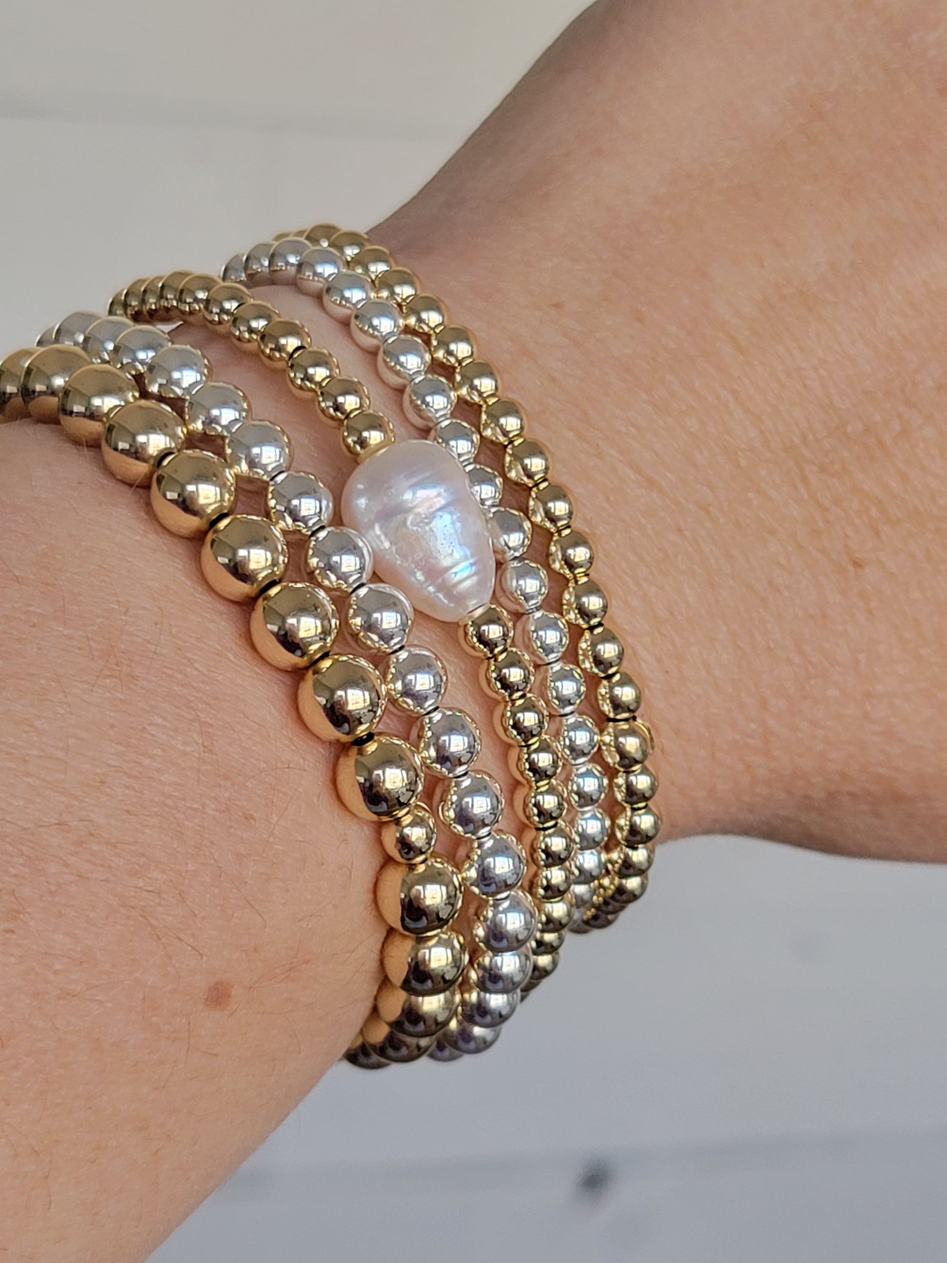Beaded and Raw Pearl Layering Bracelet - Sterling or Gold - Black or White Pearls