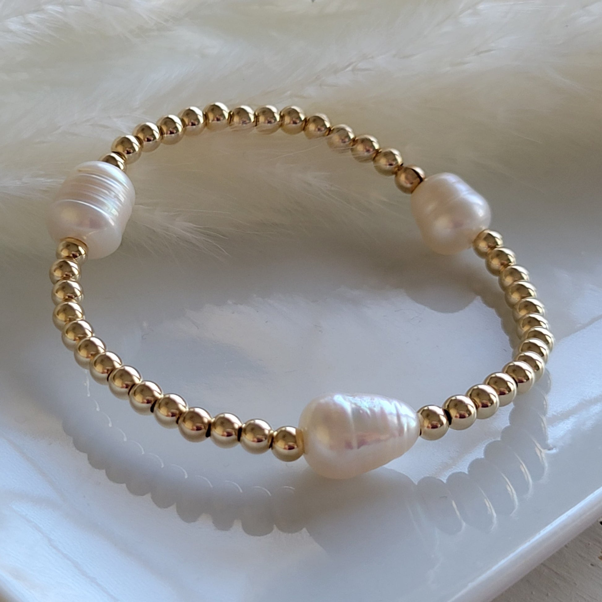 Beaded and Raw Pearl Layering Bracelet - Sterling or Gold - Black or White Pearls