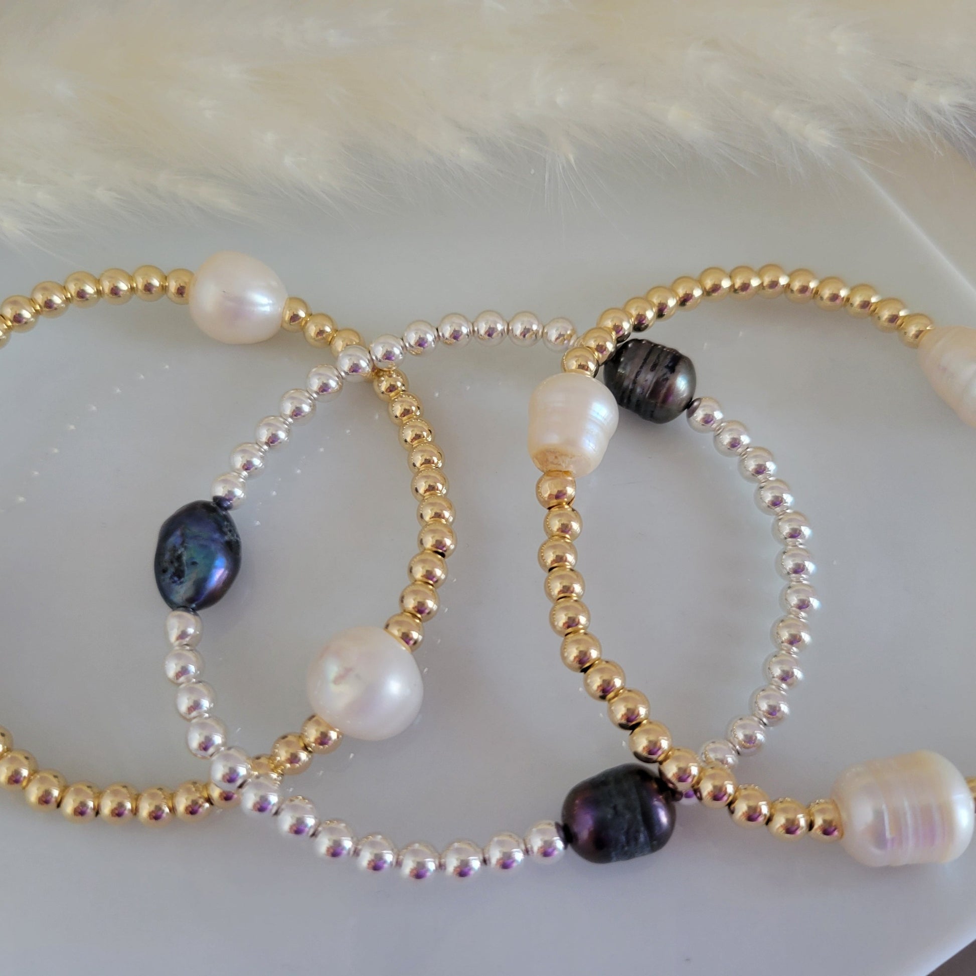 Beaded and Raw Pearl Layering Bracelet - Sterling or Gold - Black or White Pearls