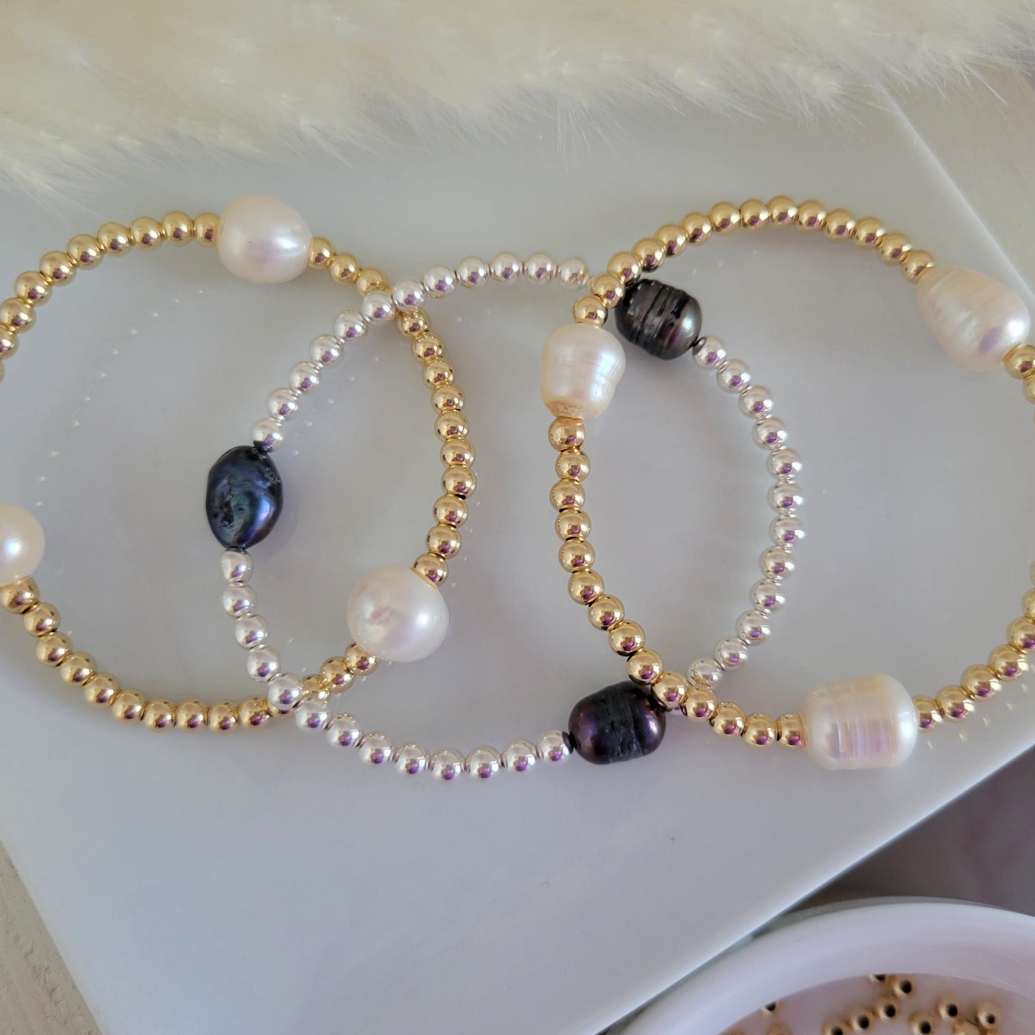 Beaded and Raw Pearl Layering Bracelet - Sterling or Gold - Black or W –  Salty Reign Jewelry
