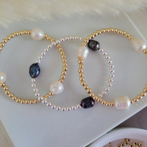 Beaded and Raw Pearl Layering Bracelet - Sterling or Gold - Black or White Pearls