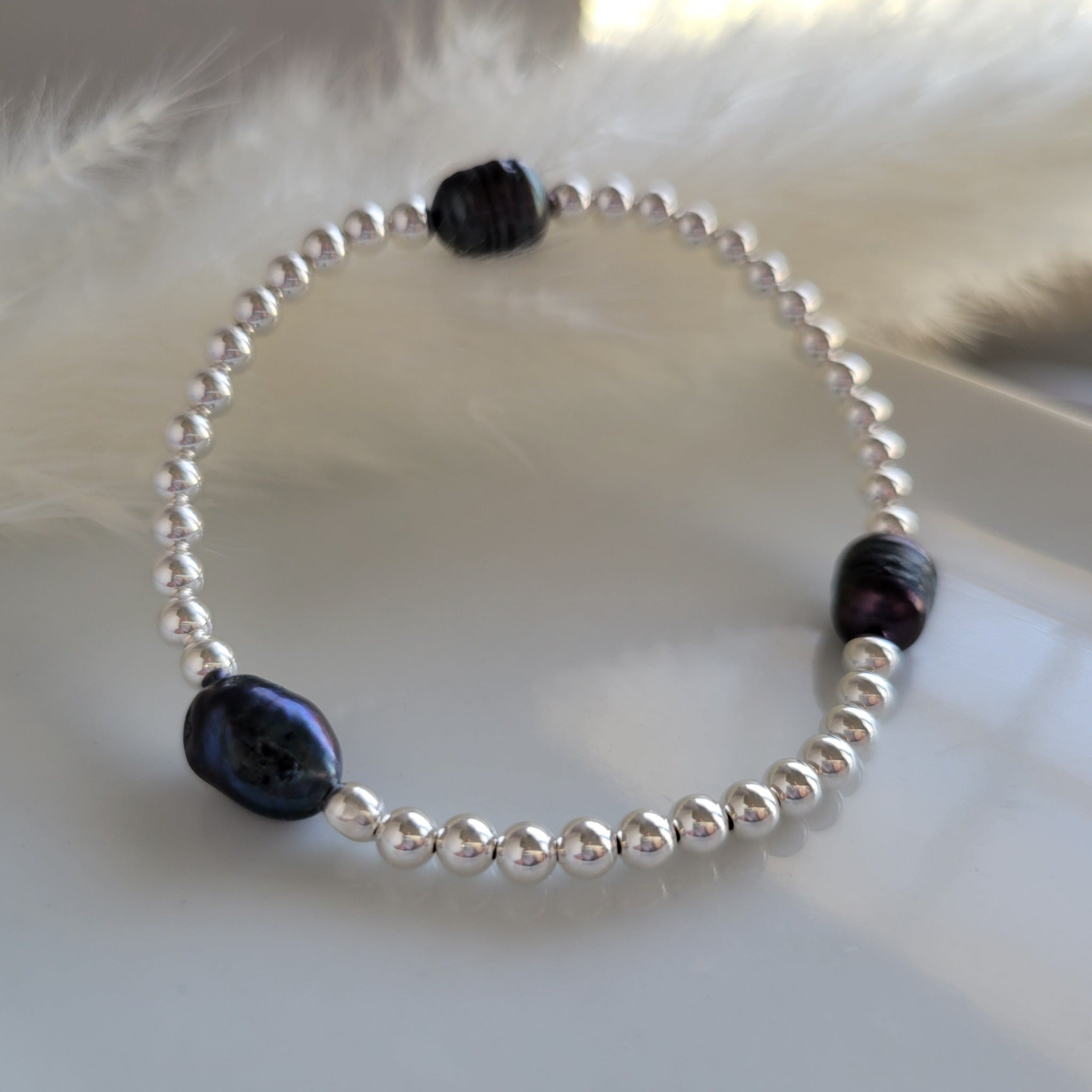 Beaded and Raw Pearl Layering Bracelet - Sterling or Gold - Black or White Pearls