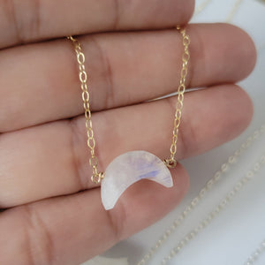 Crescent Shaped Natural Moonstone Necklace - Sterling, Gold, Rose Gold