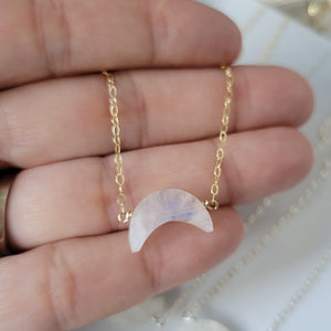 Crescent Shaped Natural Moonstone Necklace - Sterling, Gold, Rose Gold