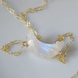 Crescent Shaped Natural Moonstone Necklace - Sterling, Gold, Rose Gold