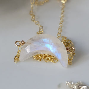 Crescent Shaped Natural Moonstone Necklace - Sterling, Gold, Rose Gold