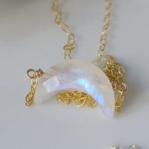 Crescent Shaped Natural Moonstone Necklace - Sterling, Gold, Rose Gold