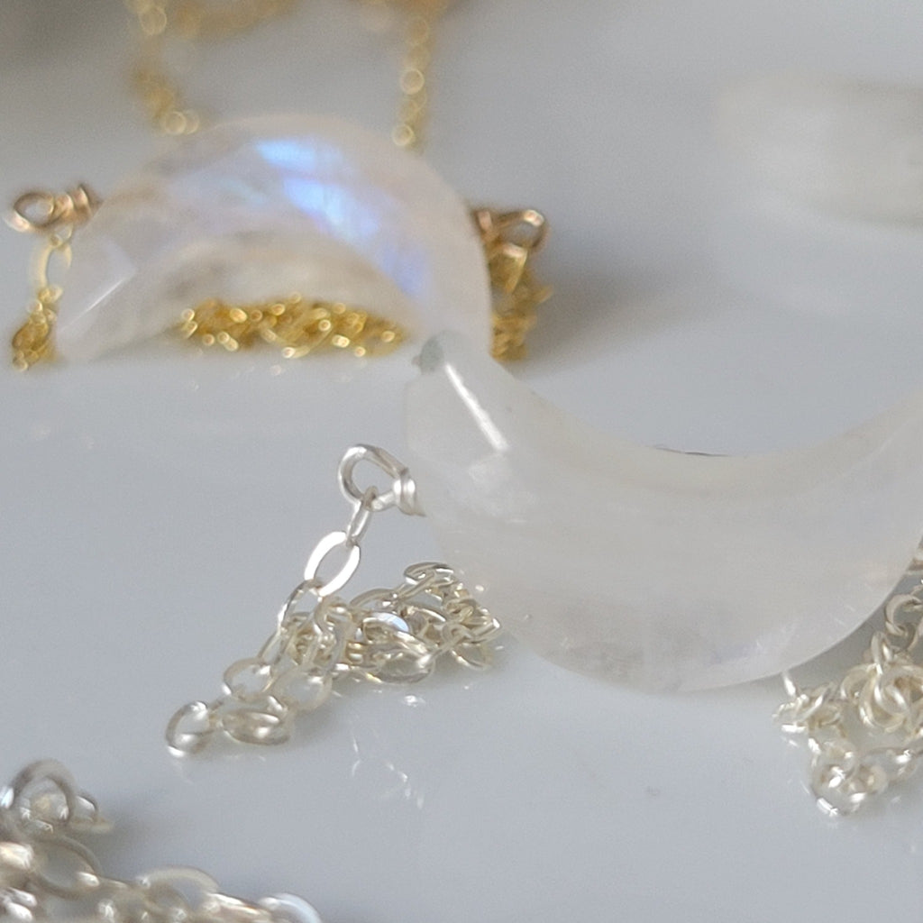 Crescent Shaped Natural Moonstone Necklace - Sterling, Gold, Rose Gold