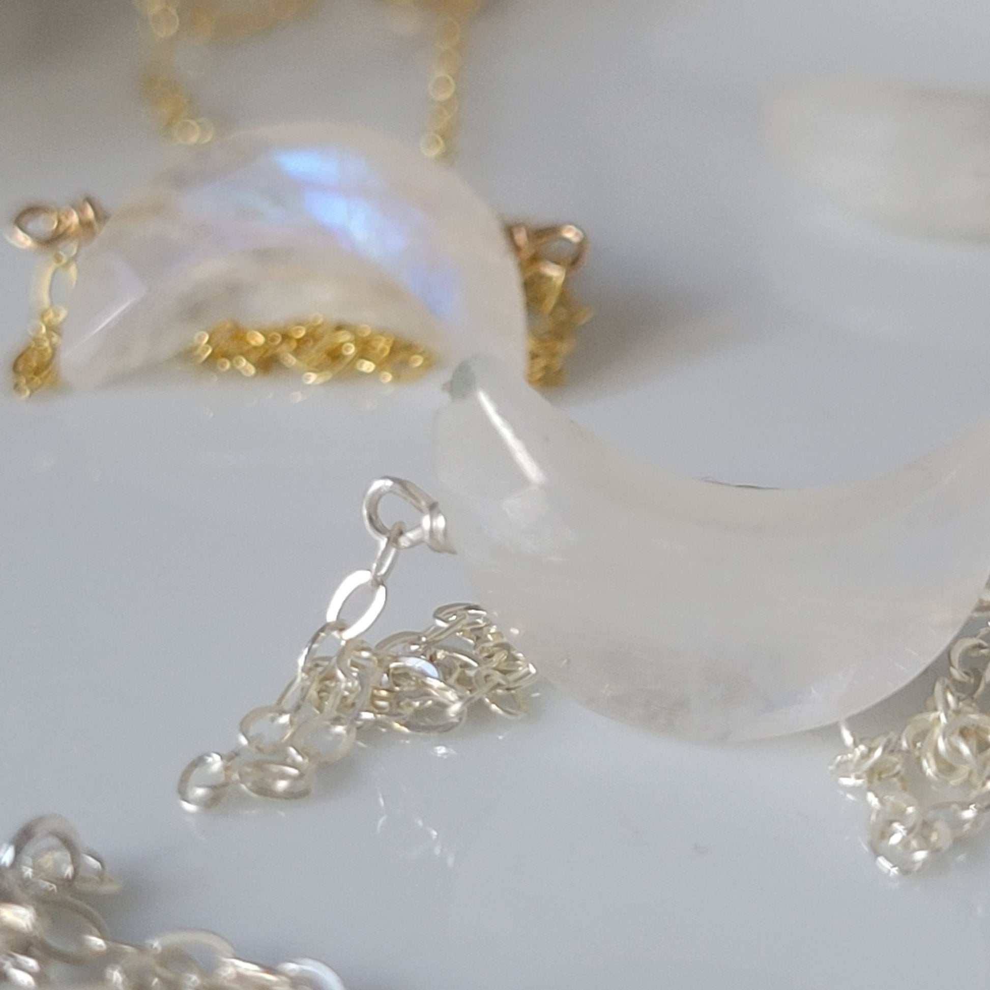 Crescent Shaped Natural Moonstone Necklace - Sterling, Gold, Rose Gold