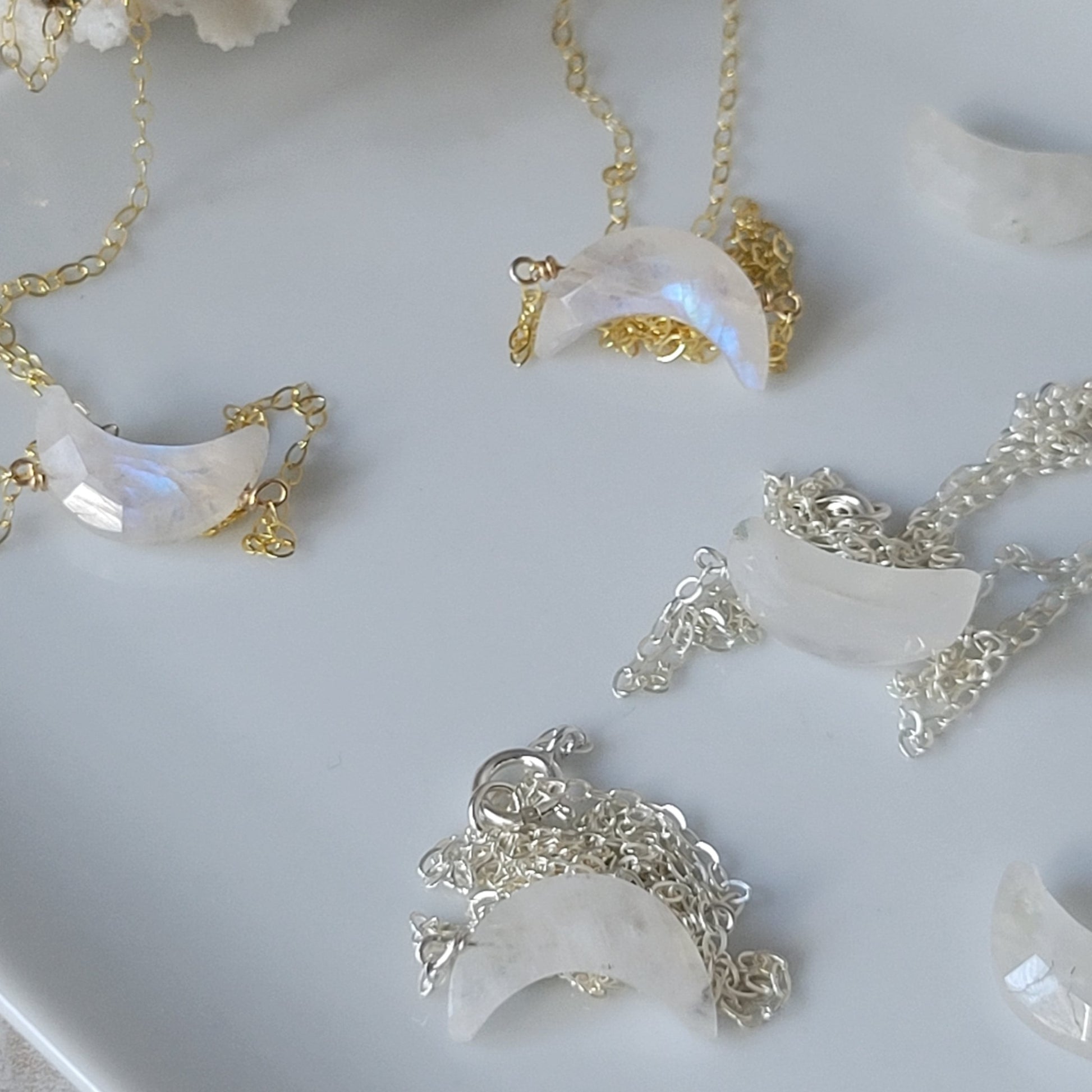 Crescent Shaped Natural Moonstone Necklace - Sterling, Gold, Rose Gold