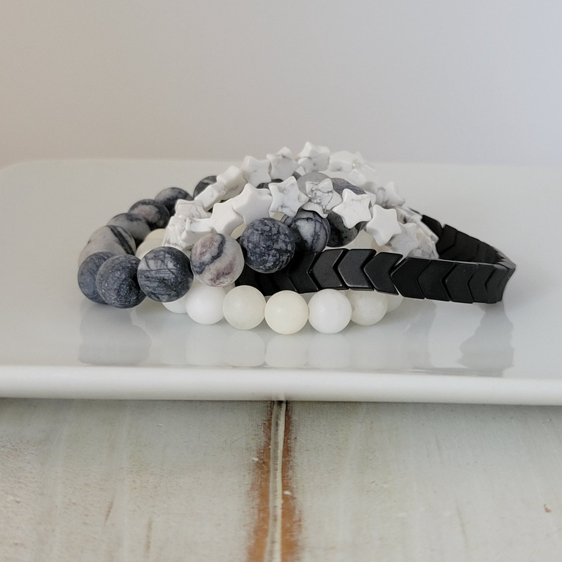 Monochrome Natural Stone Bead Bracelet Set - 3pc Set or Each