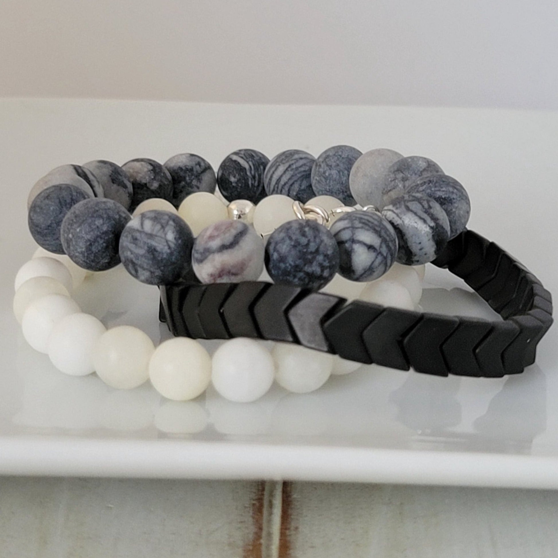 Monochrome Natural Stone Bead Bracelet Set - 3pc Set or Each