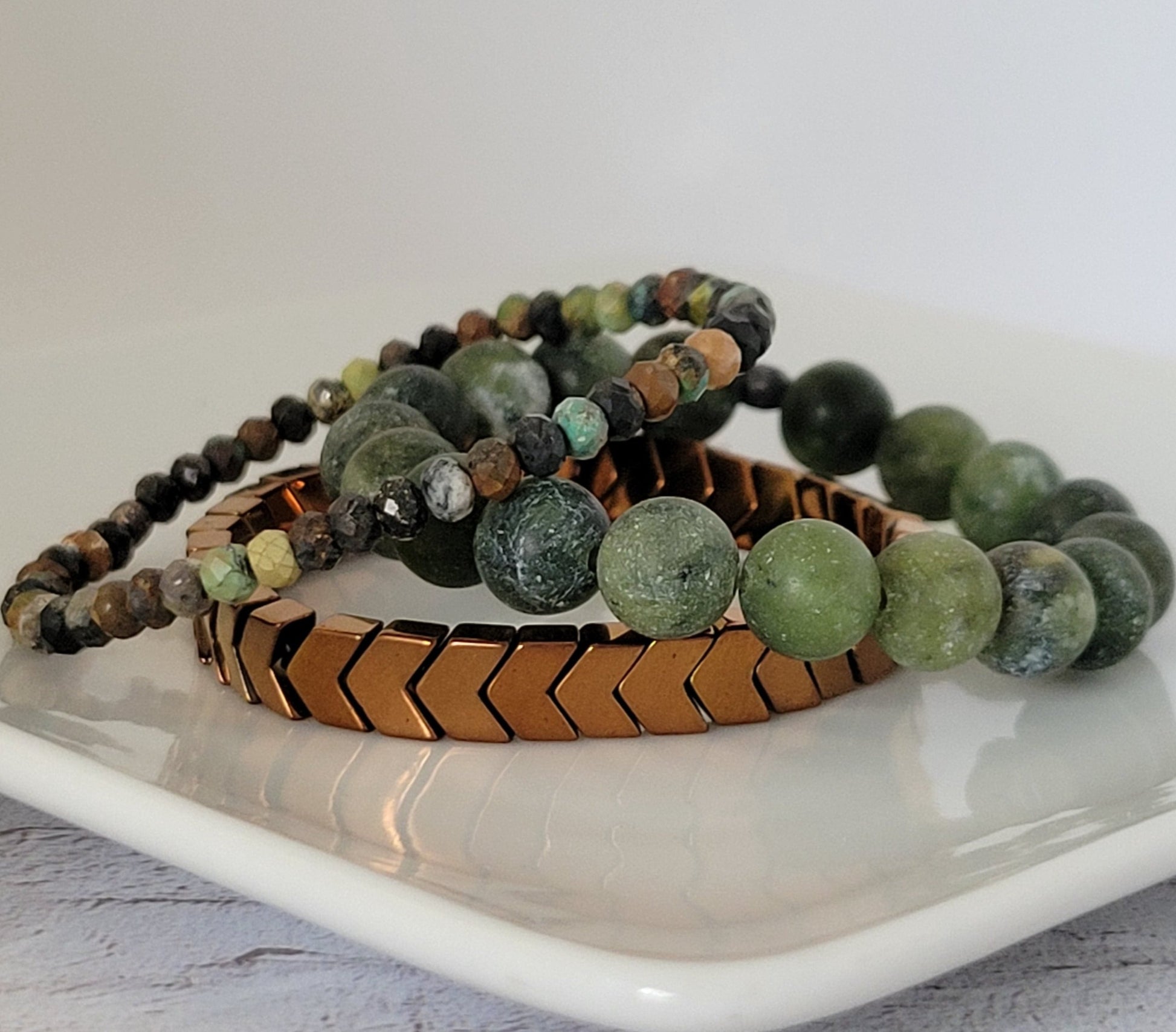 "Drops of Juniper" Forest Green and Copper Natural Stone Bead 3 Bracelet - Set of 3 or Each
