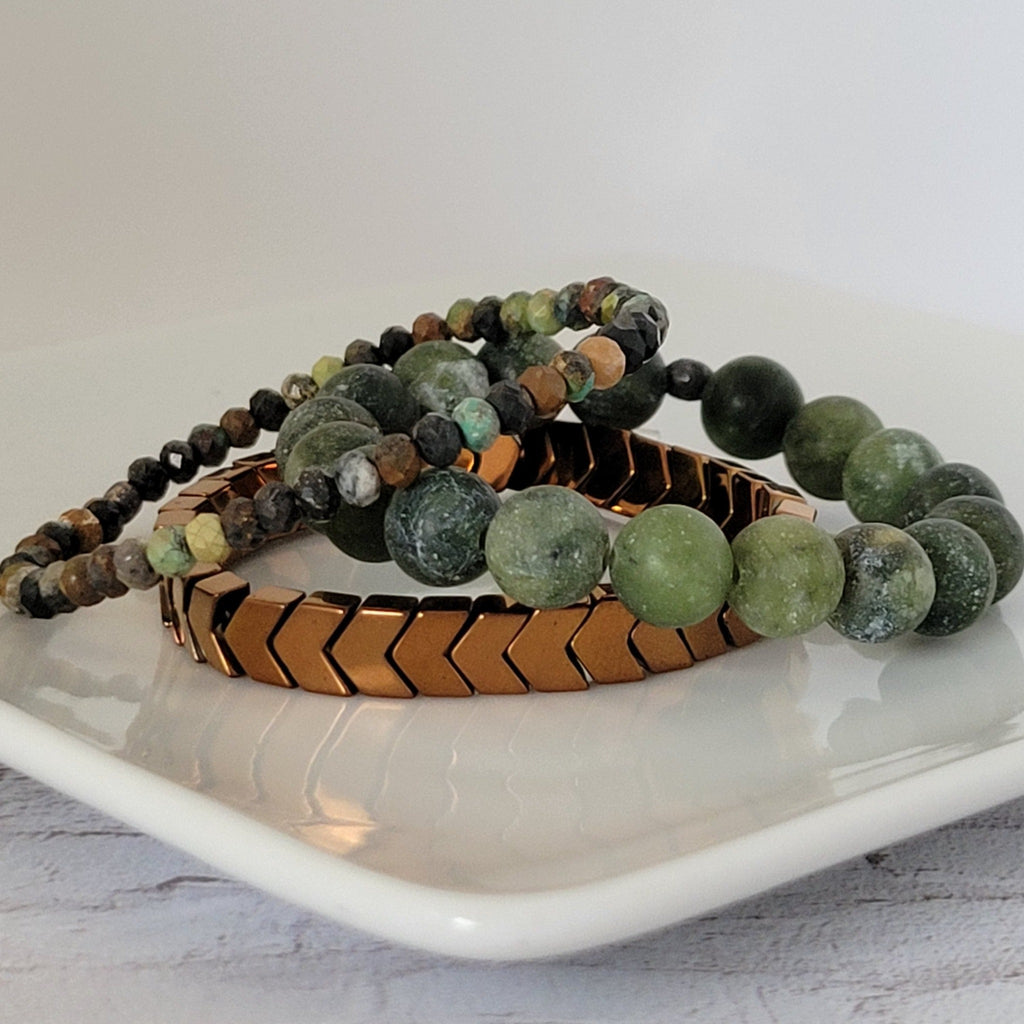 "Drops of Juniper" Forest Green and Copper Natural Stone Bead 3 Bracelet - Set of 3 or Each