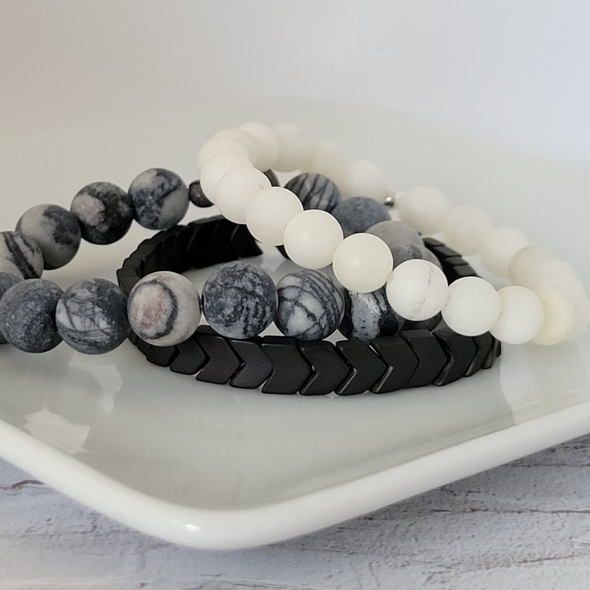 Monochrome Natural Stone Bead Bracelet Set - 3pc Set or Each