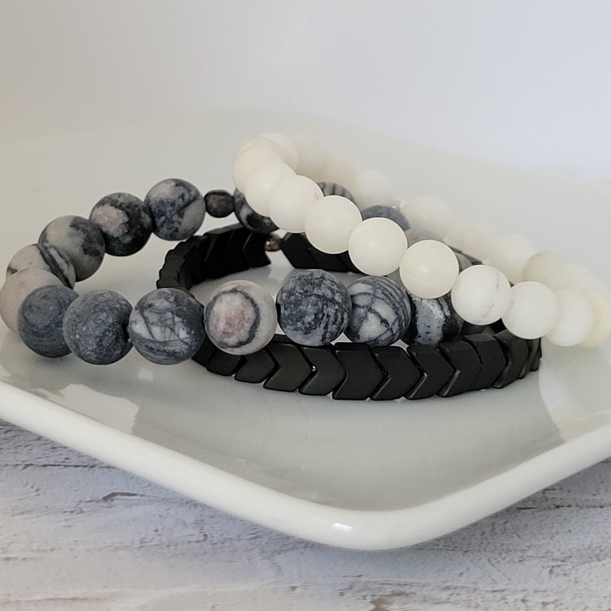 Monochrome Natural Stone Bead Bracelet Set - 3pc Set or Each