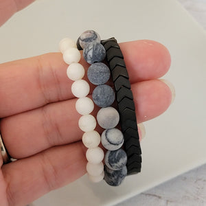 Monochrome Natural Stone Bead Bracelet Set - 3pc Set or Each