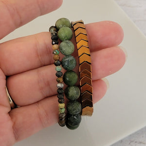 "Drops of Juniper" Forest Green and Copper Natural Stone Bead 3 Bracelet - Set of 3 or Each