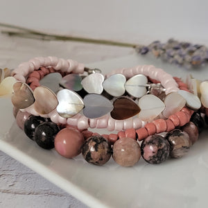 Pink Jasper Natural Stone Bead Bracelet Set - 3 Bracelets PLUS Mom and Mini Option