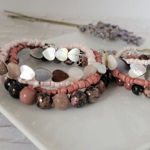 Pink Jasper Natural Stone Bead Bracelet Set - 3 Bracelets PLUS Mom and Mini Option