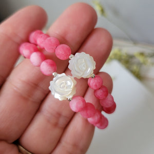 Rose Flower Natural Stone Bead Bracelet - 1 Bracelet - Multiple Color Choices