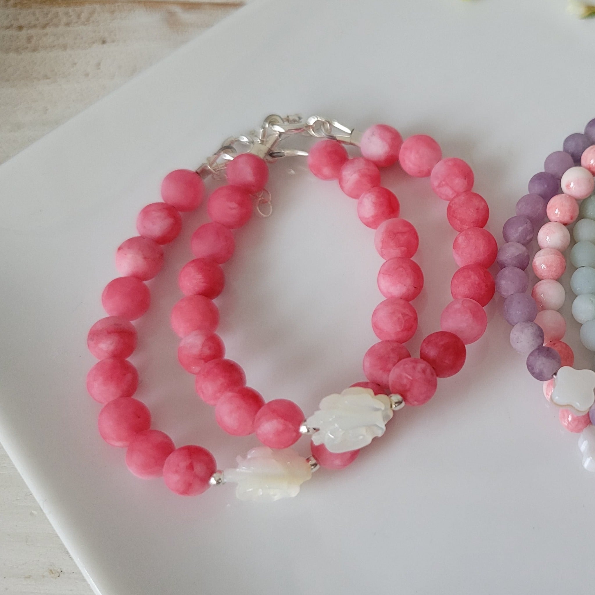 Rose Flower Natural Stone Bead Bracelet - 1 Bracelet - Multiple Color Choices