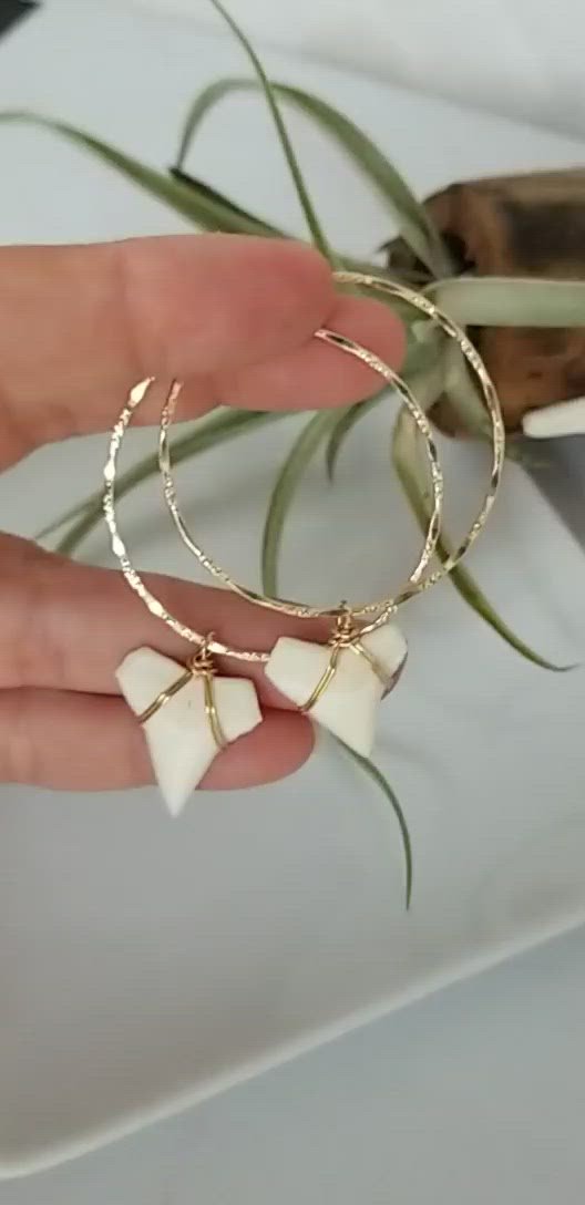 Drop Hoop Shark Tooth Charm Earrings - Sterling or Gold