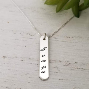 Sterling Silver Vertical Name Bar Necklace - Rounded or Squared Off