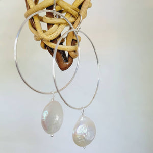 Sea glass or Freshwater Pearl Hoop Dangle Earrings - Sterling Silver