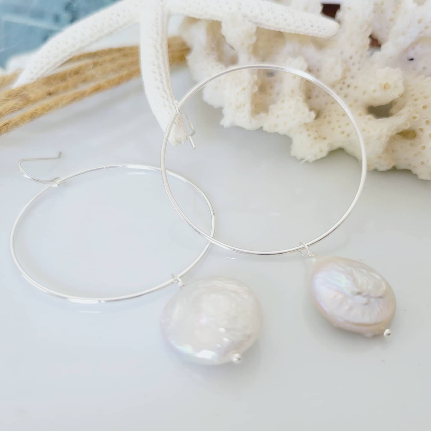 Sea glass or Freshwater Pearl Hoop Dangle Earrings - Sterling Silver