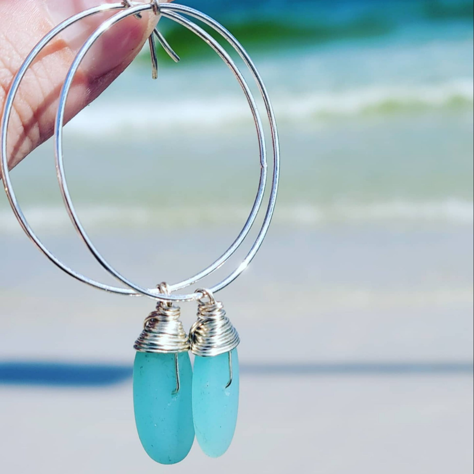 Sea glass or Freshwater Pearl Hoop Dangle Earrings - Sterling Silver