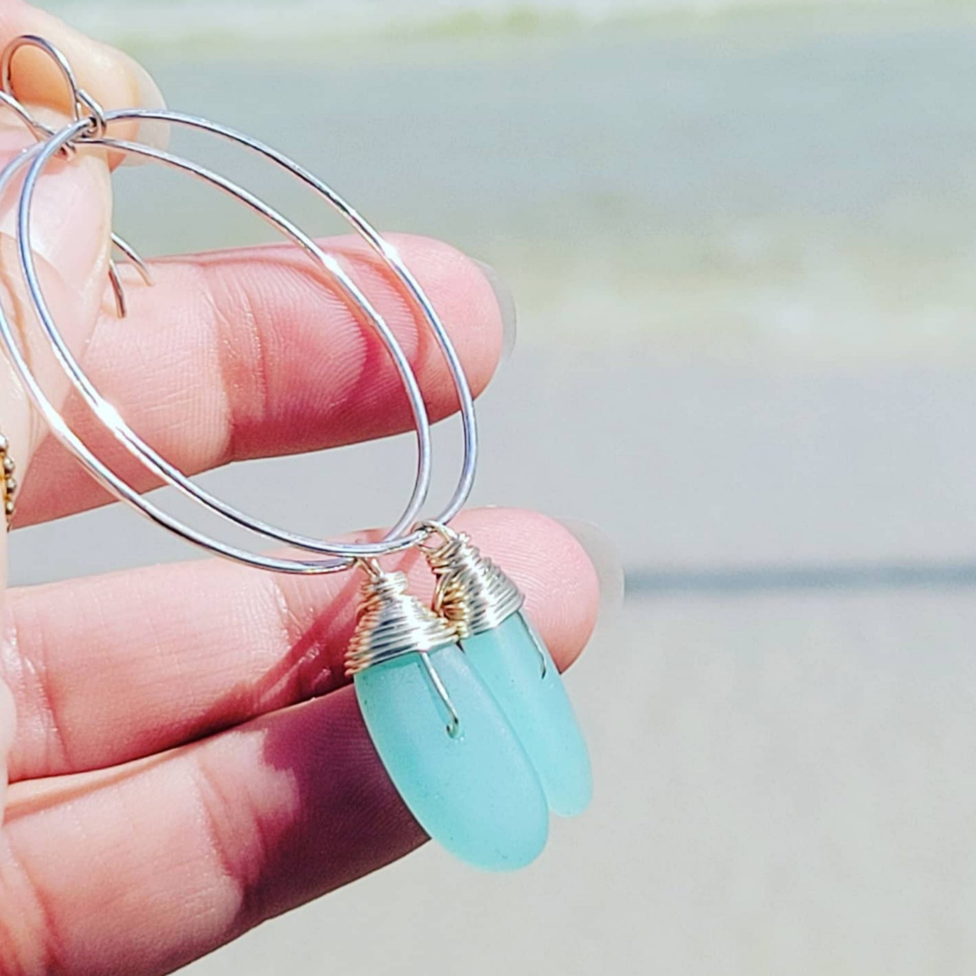 Sea glass or Freshwater Pearl Hoop Dangle Earrings - Sterling Silver