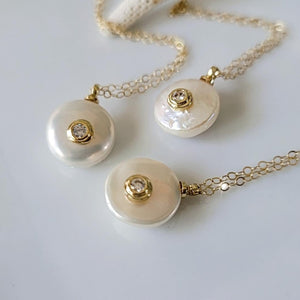 Freshwater Pearl and CZ Drop Necklace - Gold