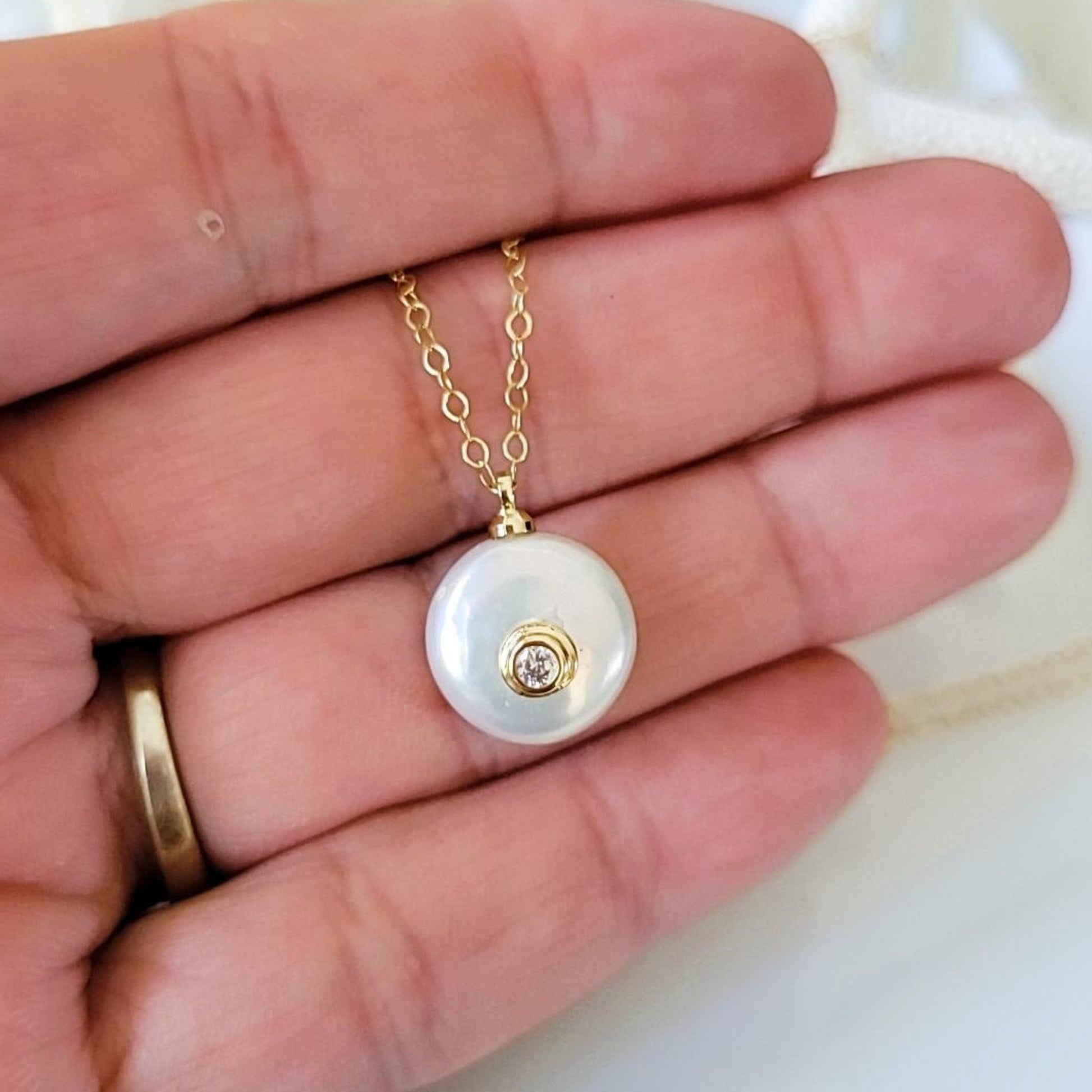 Freshwater Pearl and CZ Drop Necklace - Gold