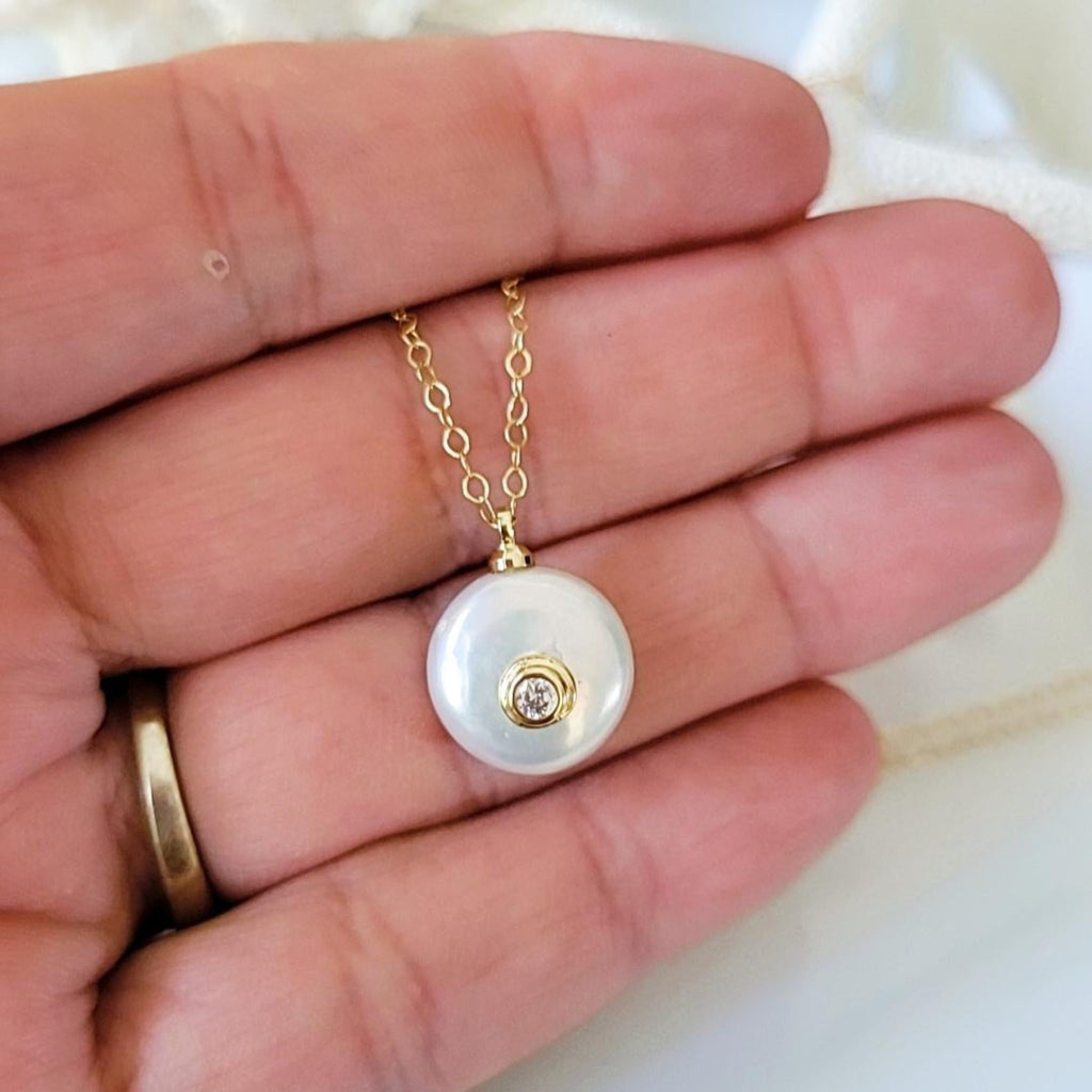 Freshwater Pearl and CZ Drop Necklace - Gold