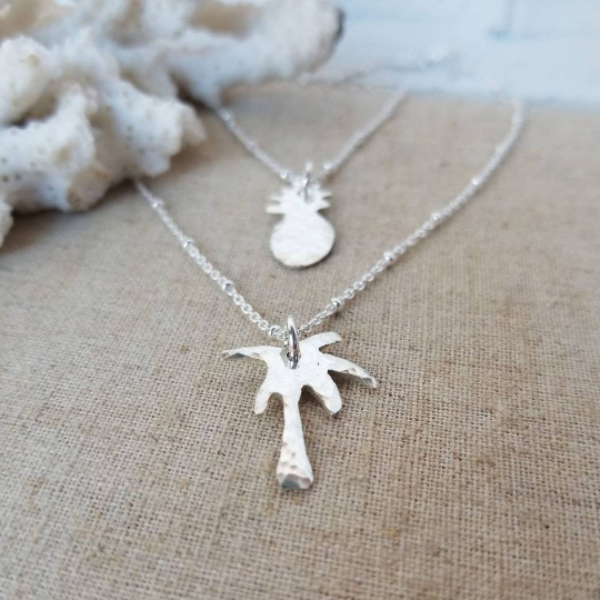 Palm Tree, Pineapple or Whale Tail Disc Necklace - Sterling Silver