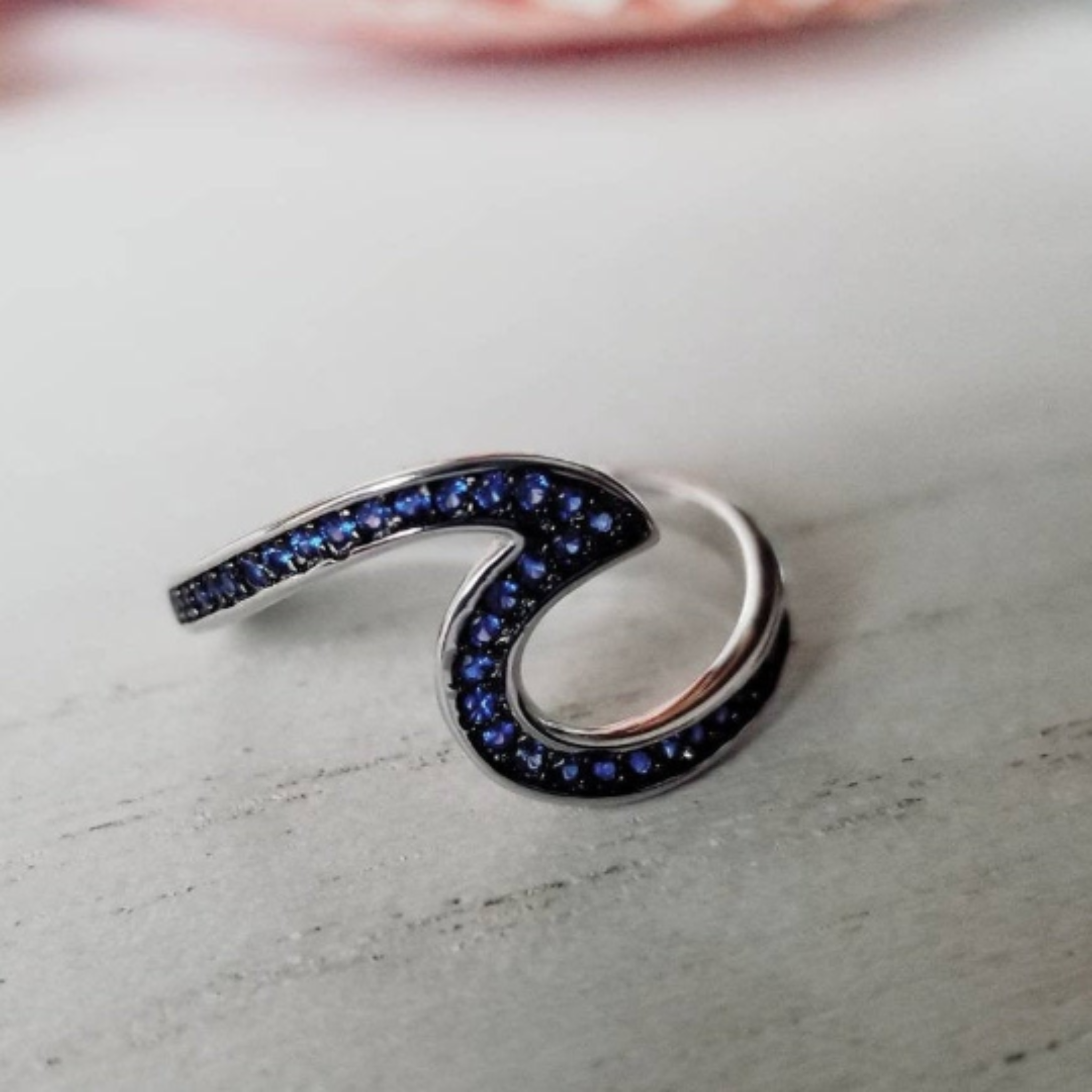Blue Sapphire Large Wave Ring - Sterling Silver