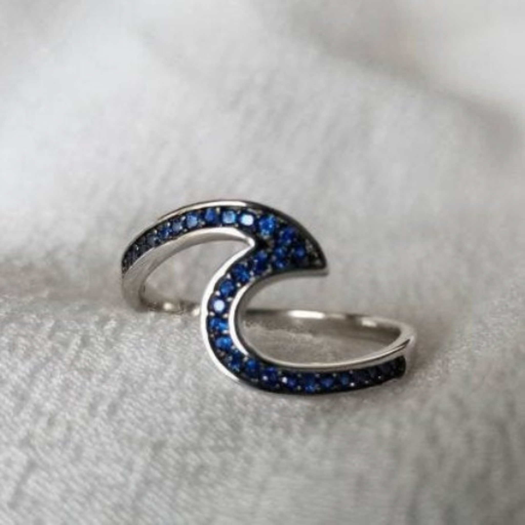 Blue Sapphire Large Wave Ring - Sterling Silver