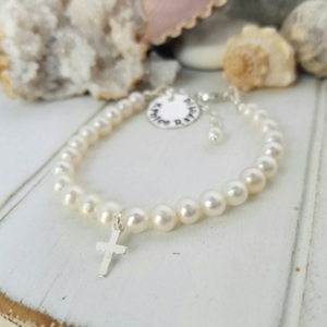 AAA Freshwater Pearl Baby Bracelet with Name Charm - Sterling Silver