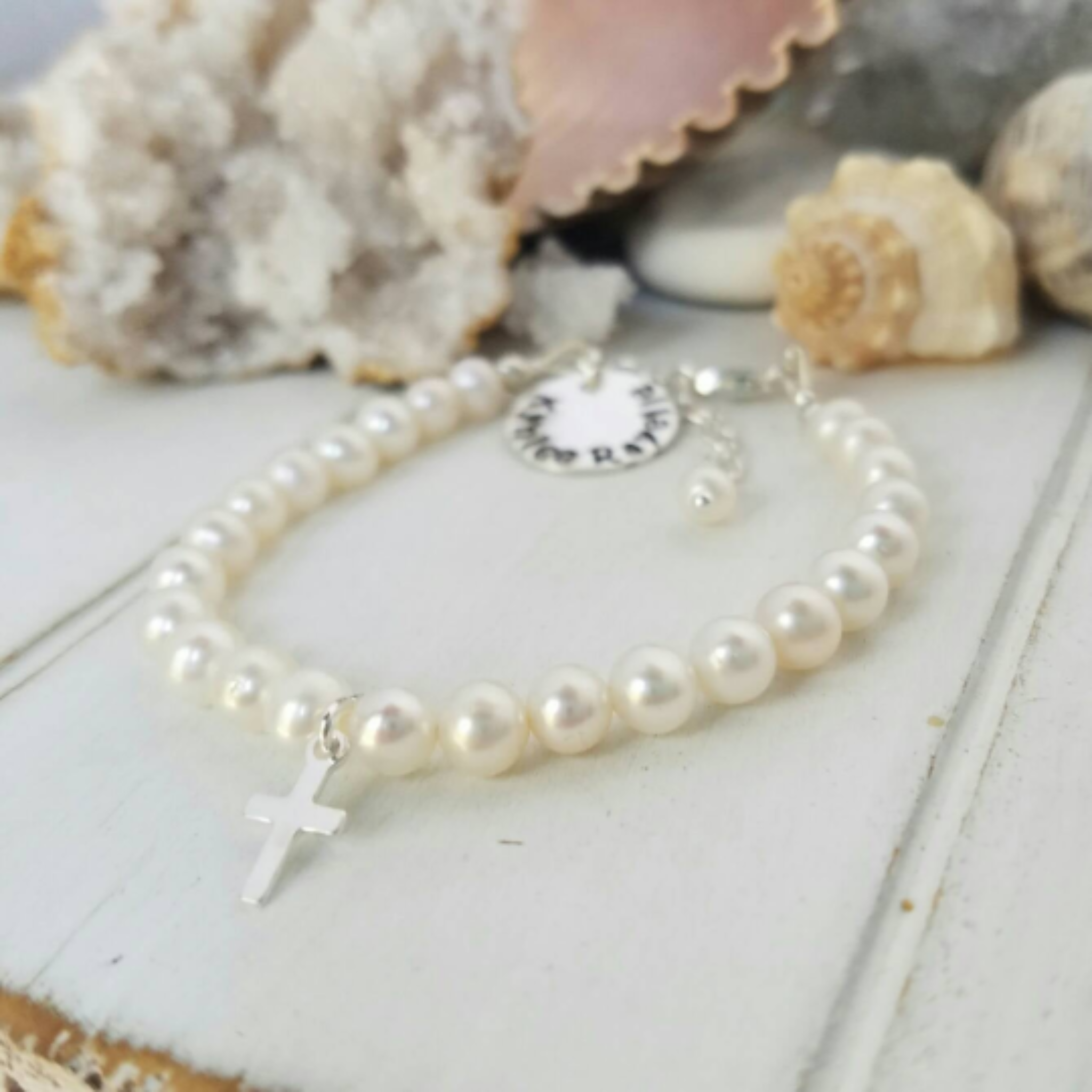 AAA Freshwater Pearl Baby Bracelet with Name Charm - Sterling Silver