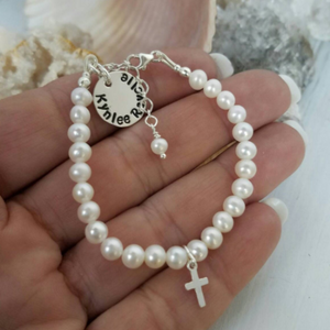 AAA Freshwater Pearl Baby Bracelet with Name Charm - Sterling Silver