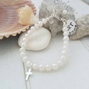 AAA Freshwater Pearl Baby Bracelet with Name Charm - Sterling Silver