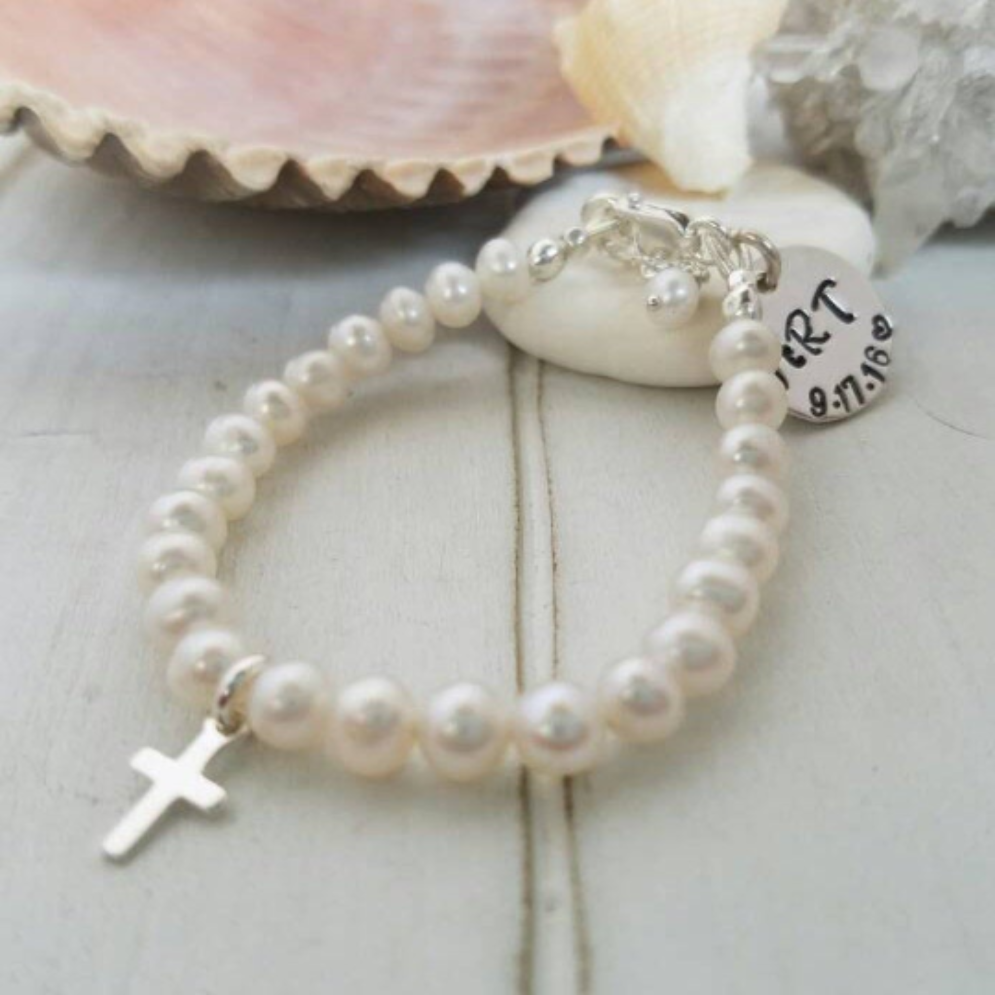 AAA Freshwater Pearl Baby Bracelet with Name Charm - Sterling Silver