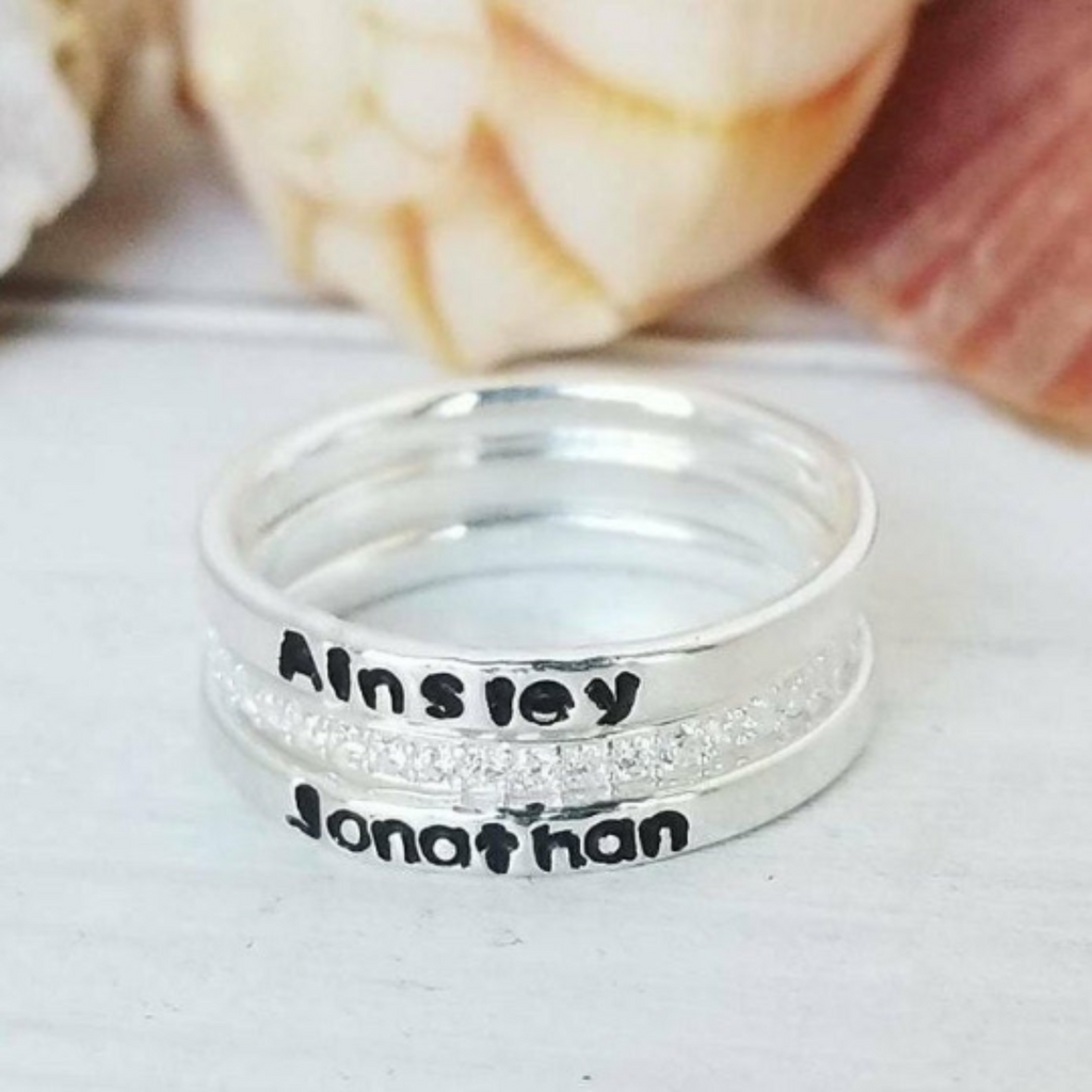 3pc Thin Name Ring and CZ Stacking Set - Sterling Silver
