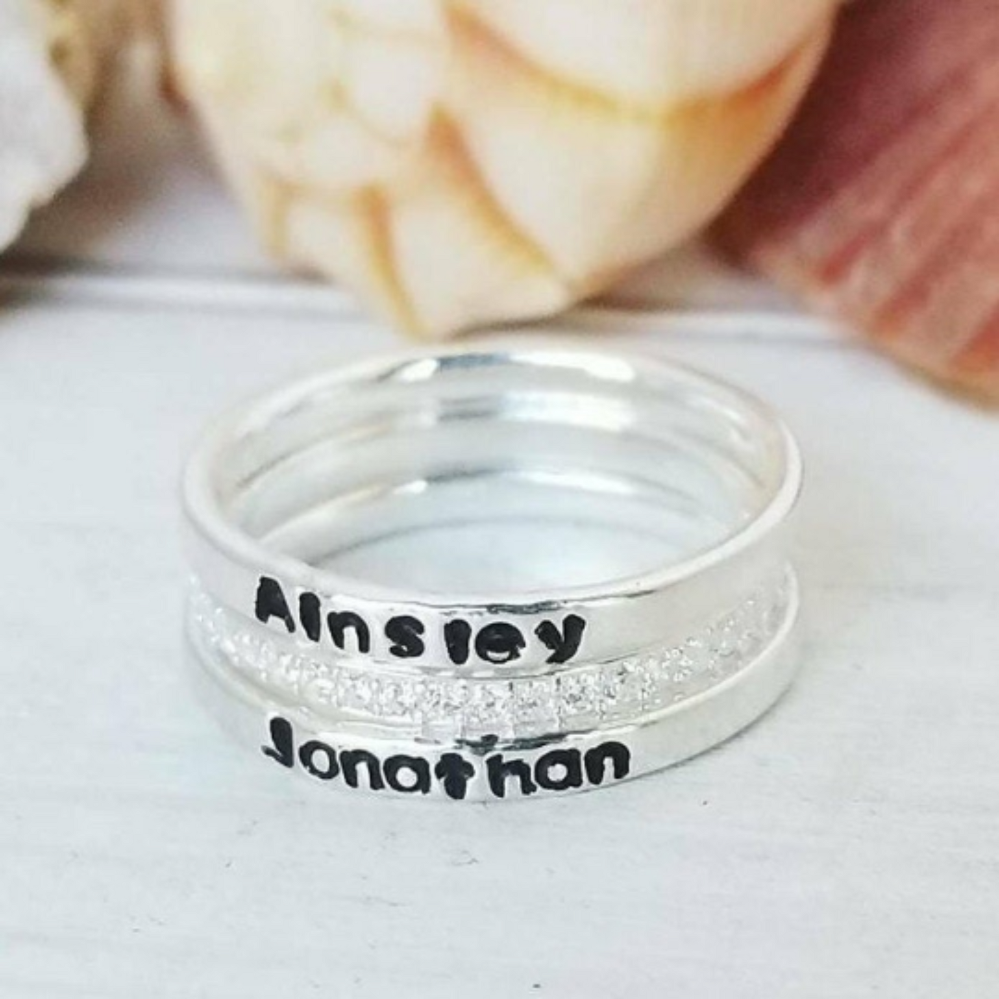 3pc Thin Name Ring and CZ Stacking Set - Sterling Silver