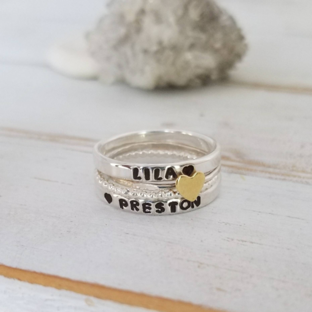 4pc Name and Heart 2mm Thin Stacking Ring Set - Sterling Silver