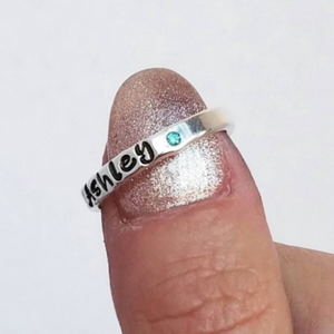 3mm Custom Name with Birthstone Ring - Sterling Silver