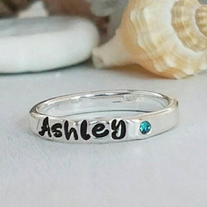 3mm Custom Name with Birthstone Ring - Sterling Silver